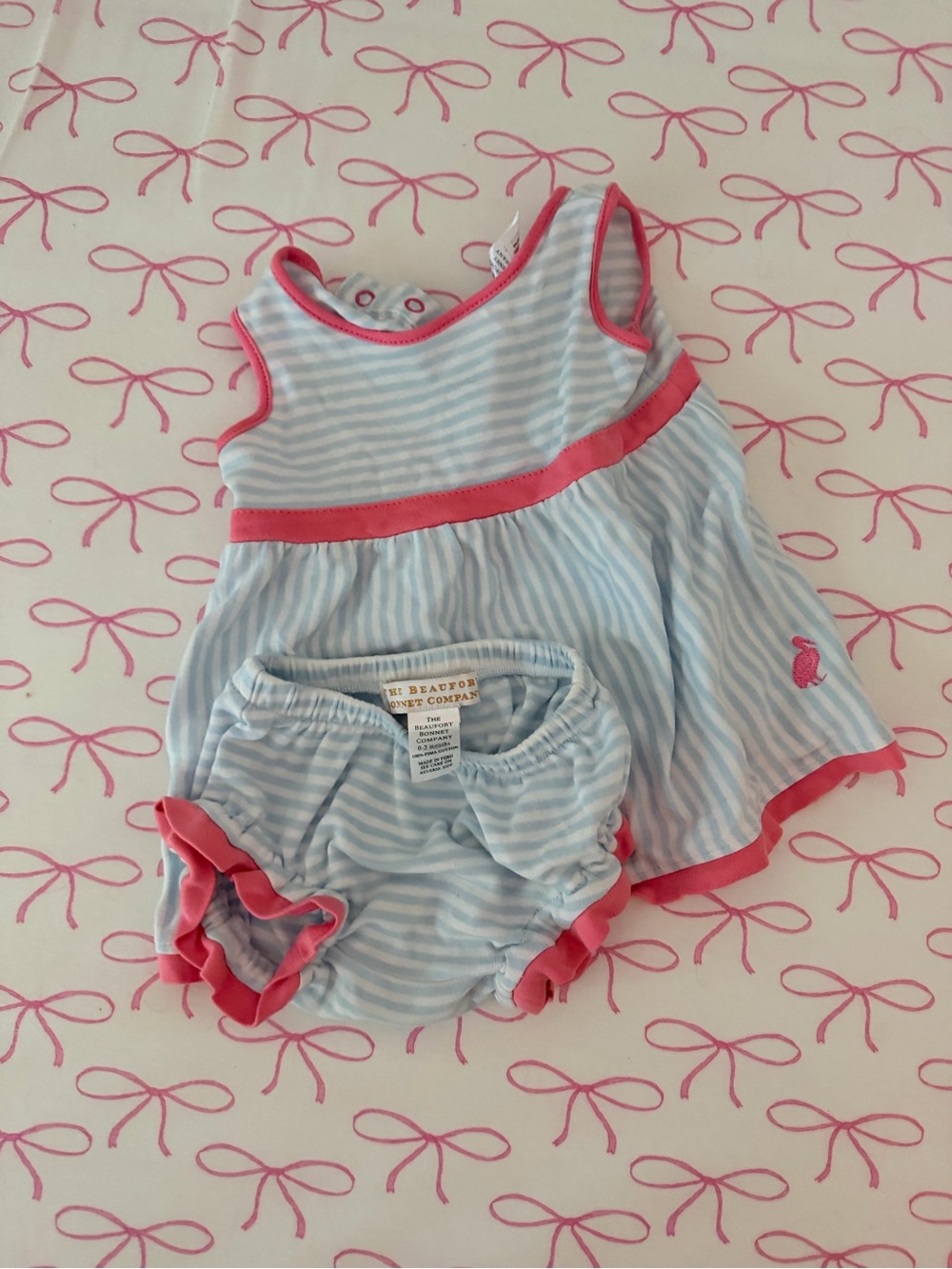 The Beaufort Bonnet Company Blue & Pink Striped Baby Dress and Bloomers